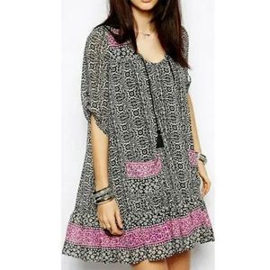 FREE PEOPLE Mini Dress Sheer Chiffon Flowy Dark‎ Purple Floral Ruffles Pockets M